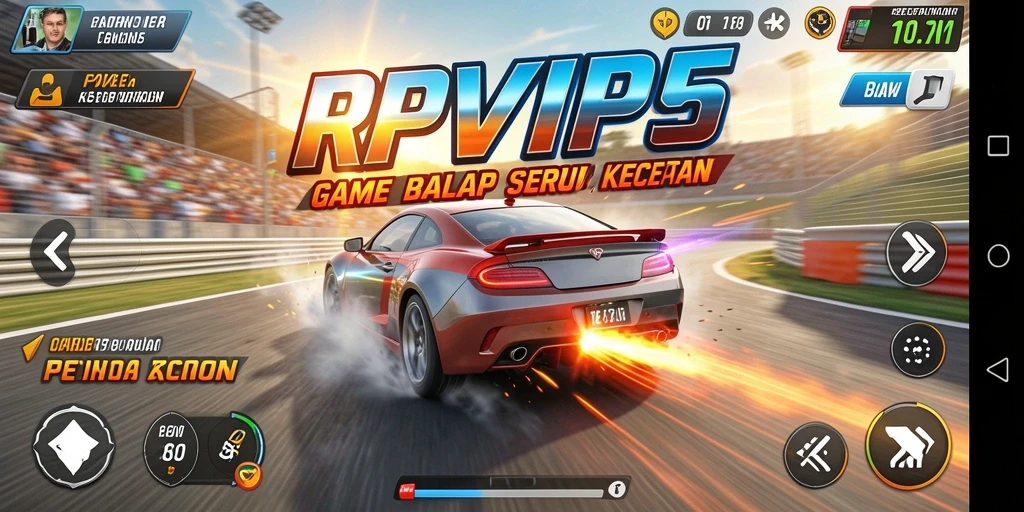 Screenshot RPVIP5 menampilkan balapan mendebarkan dengan mobil cepat.